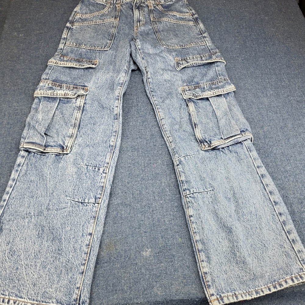 Garage Denim Acid Wash Blue Cargo Pants High Rise Straight Leg Size 3 26